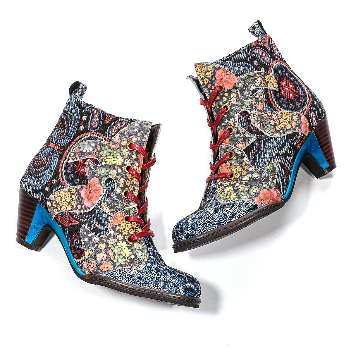 gracosy Handmade Ankle Booties, Bohemian Splicing Patchwork Pattern ...