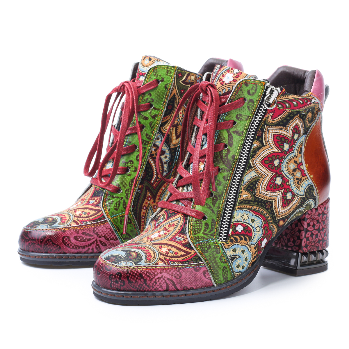 gracosy Handmade Ankle Boots for Women, Retro Plant Bohemian Pattern ...