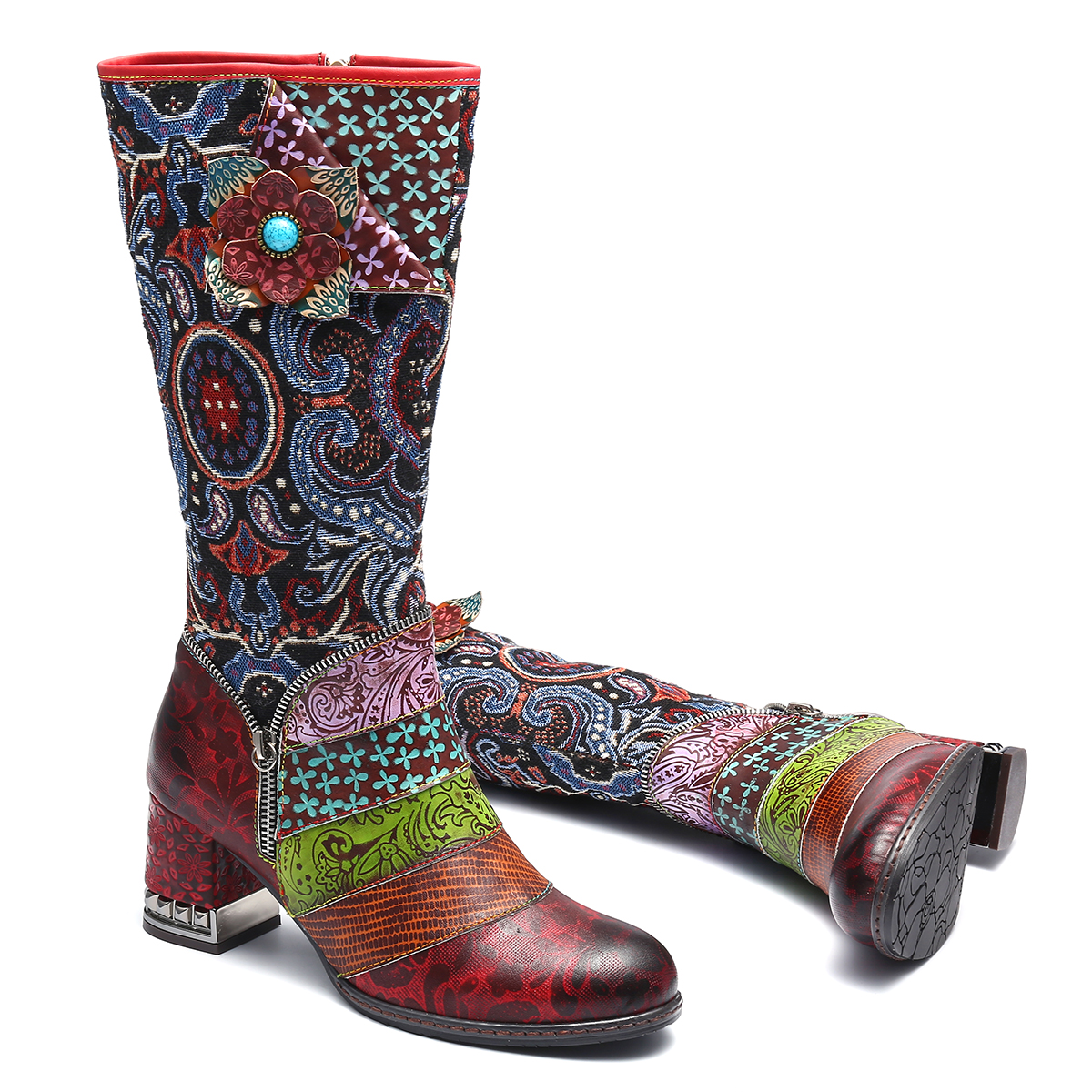 gracosy Handmade Bohemian Flower Pattern Leather Fur Lined Knee High Boots