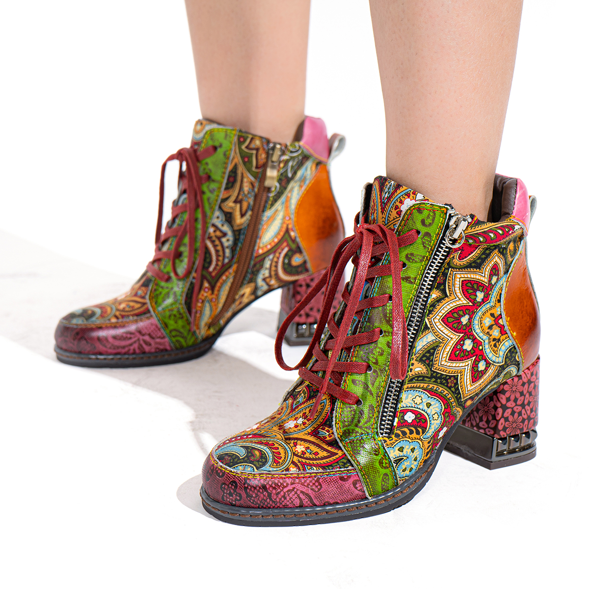 gracosy Handmade Ankle Boots for Women, Retro Plant Bohemian Pattern ...