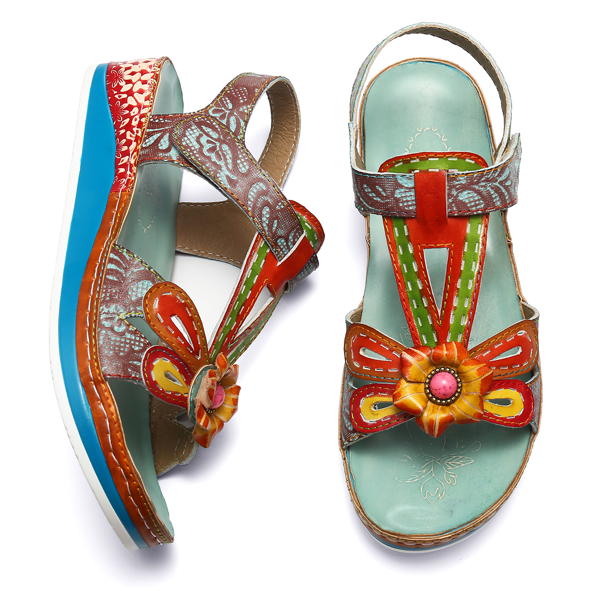 gracosy Leather Sandals for Women, Handmade Flower Pattern Summer Flat ...