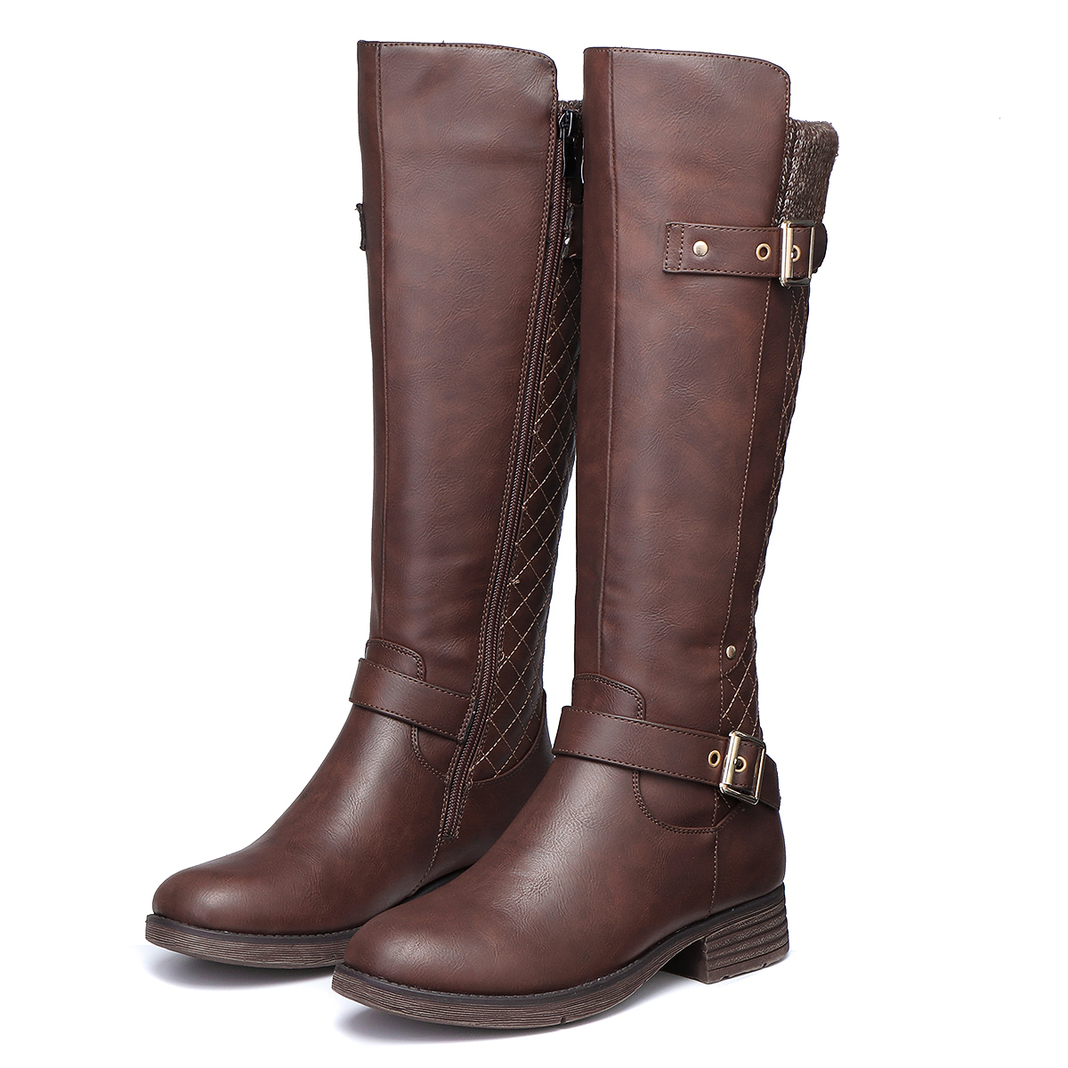 gracosy Motorcycle Riding Wide Calf Boots for Women, Knee High Buckle 