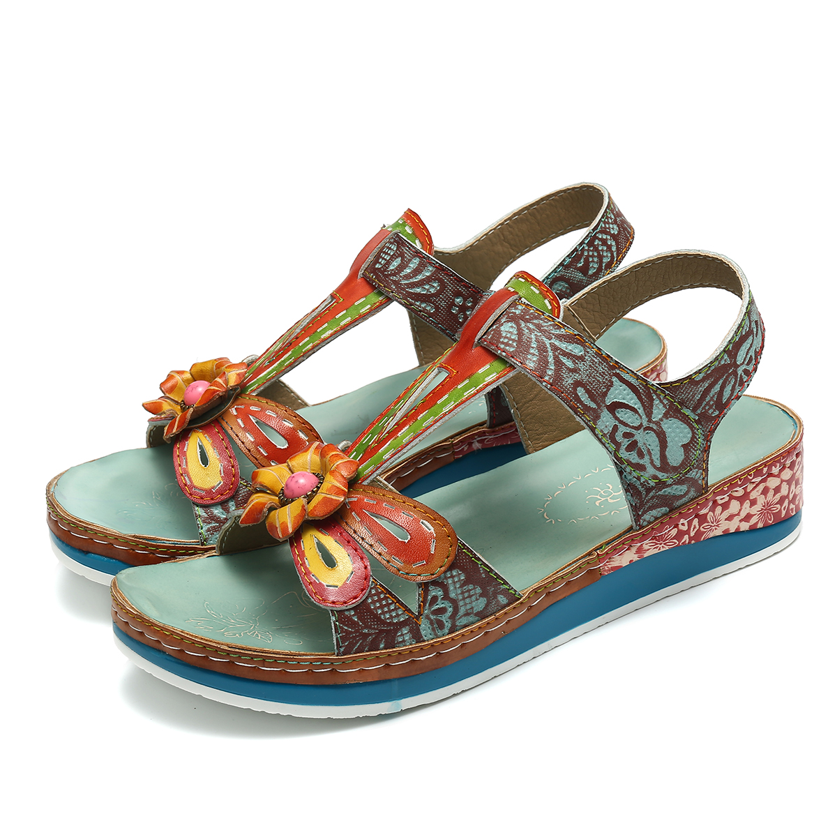 gracosy Leather Sandals for Women, Handmade Flower Pattern Summer Flat ...