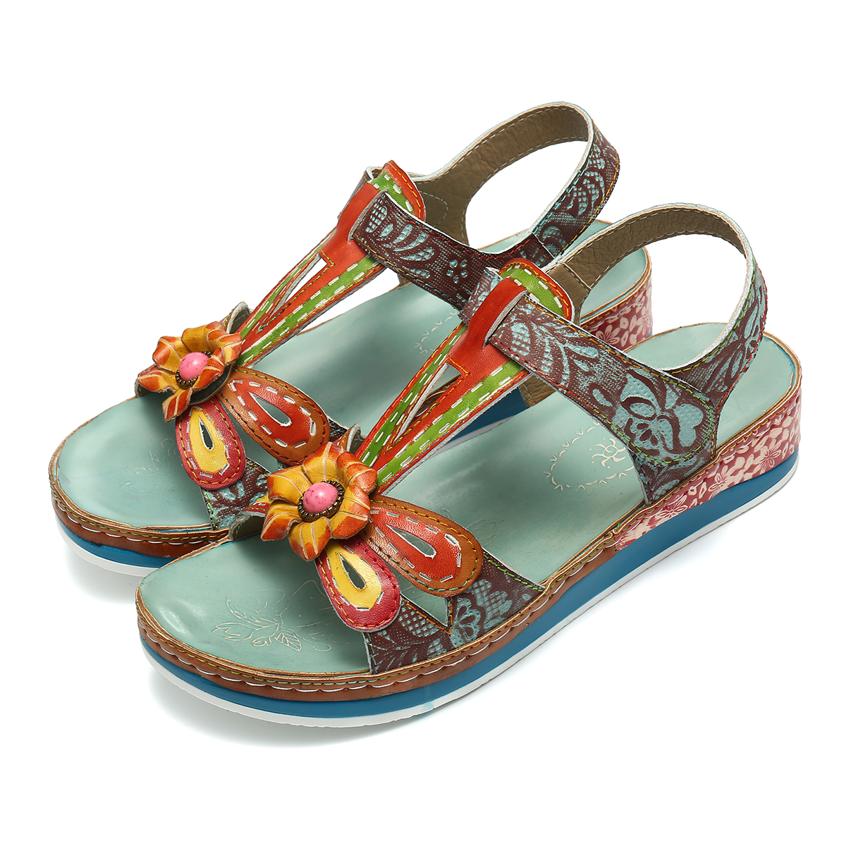 gracosy Leather Sandals for Women, Handmade Flower Pattern Summer Flat ...