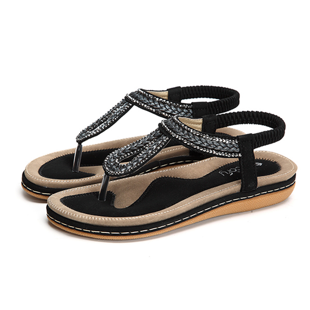 gracosy Women's Flat Sandals, Summer Beach Flip Flops Thong T-Strap  Rhinestone B
