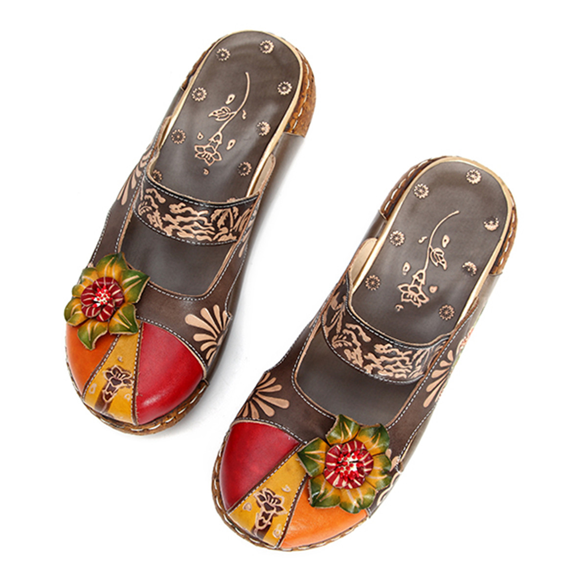 Gracosy Slip-ons Colorful Flower Backless Loafer Shoes